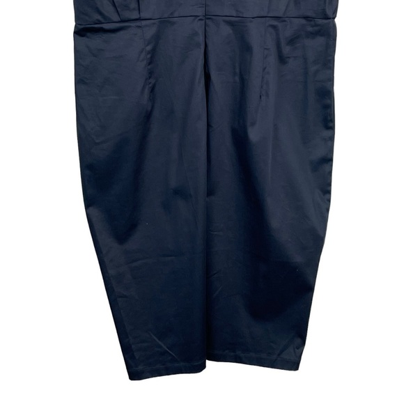 BADGLEY MISCHKA NAVY SATEEN FLORAL EMBROIDERED SHIRT COLLAR FITTED SHEATH DRESS - Picture 9 of 14